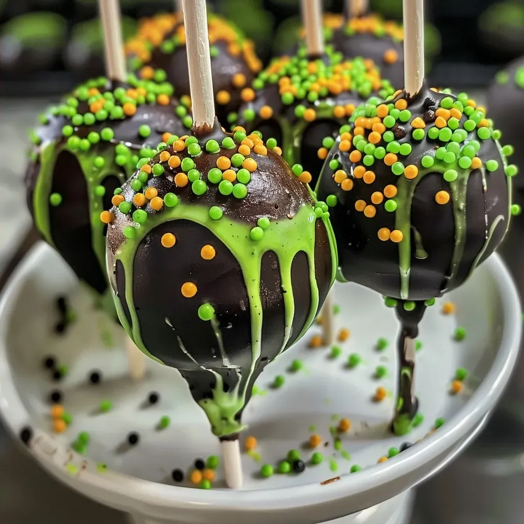 ['Close-up of Witches Cauldron Cake Pops with green and black colors.', 