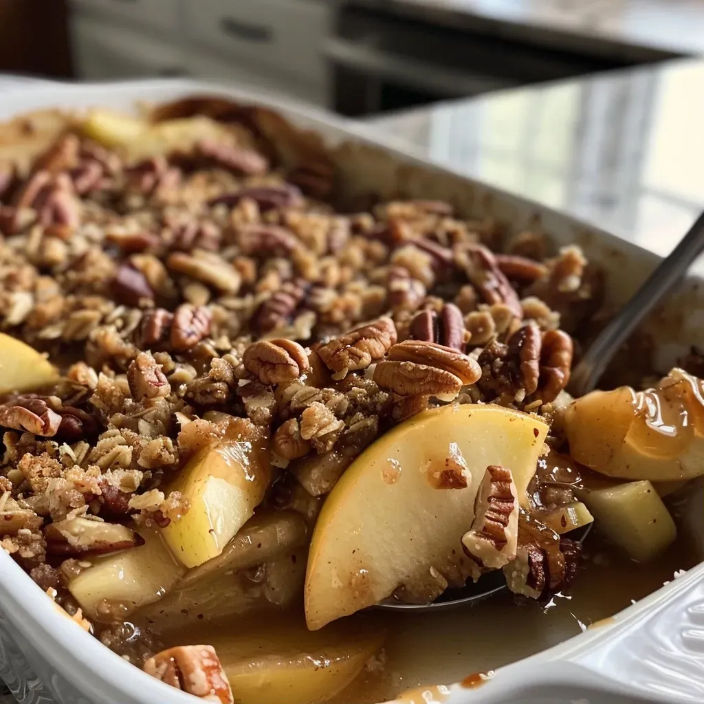 Close-up side view of a freshly baked apple crisp with a golden-brown topping.