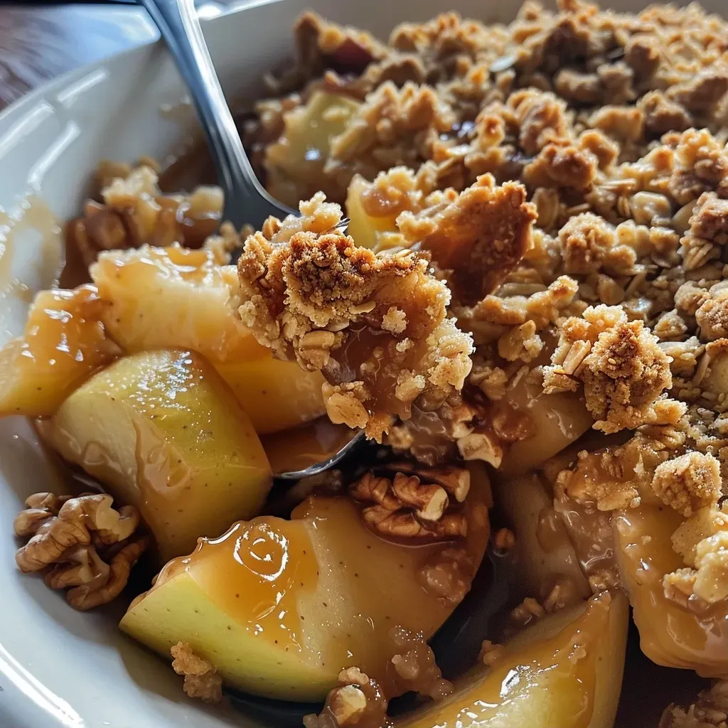 Close-up view of a warm, golden-brown apple crisp topped with a crumbly oat topping.