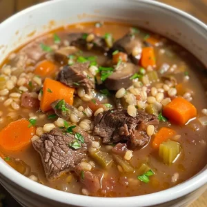 Close-up view of a hearty bowl of Beef Barley Soup with visible chunks of beef and vegetables.