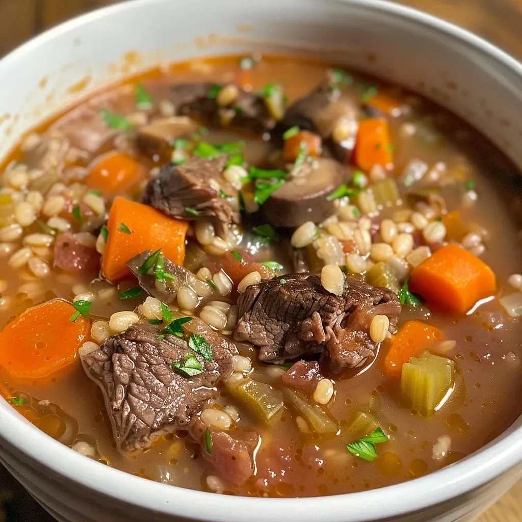 Close-up view of a hearty bowl of Beef Barley Soup with visible chunks of beef and vegetables.