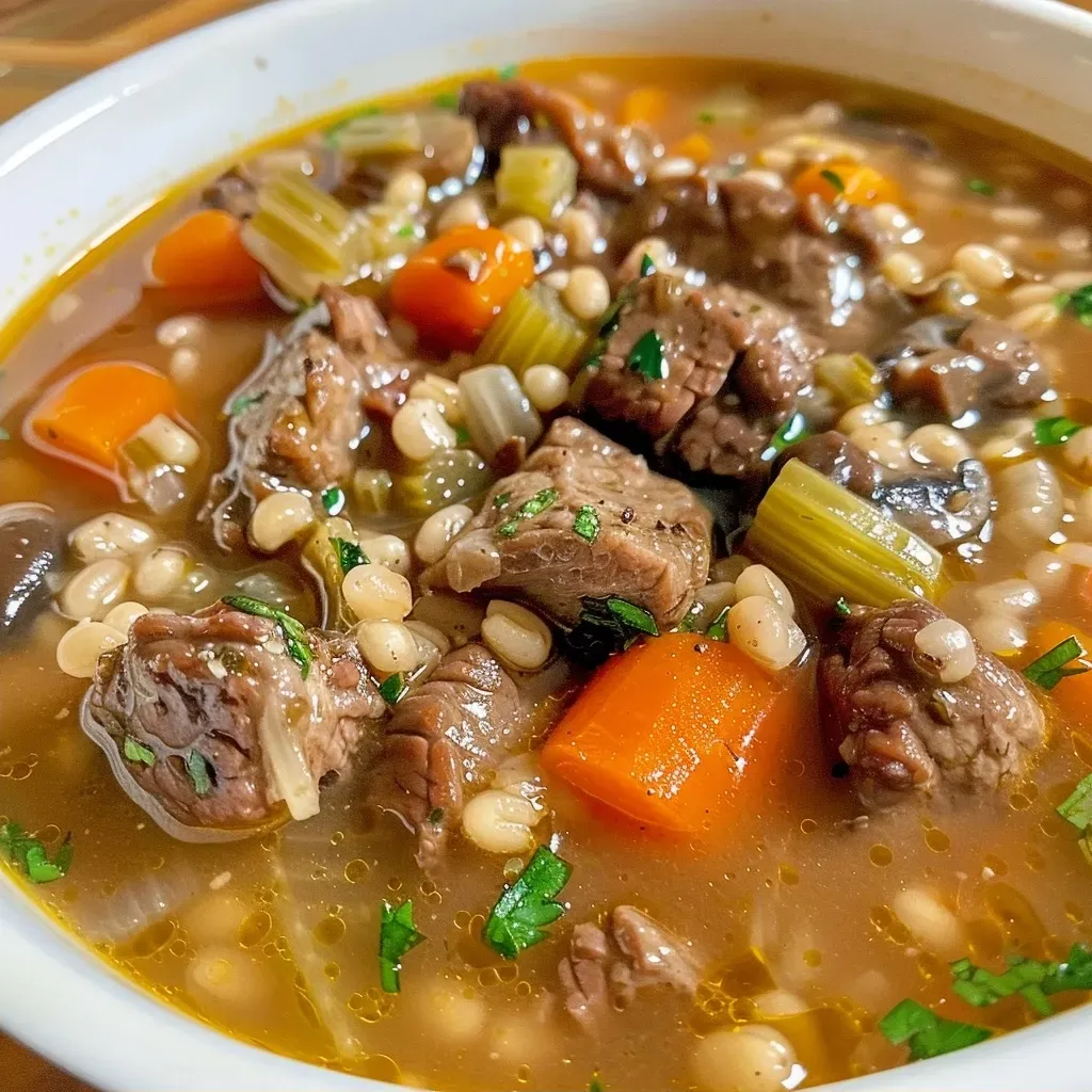 A side angle of a steaming bowl of Beef Barley Soup showcasing its rich, savory ingredients.