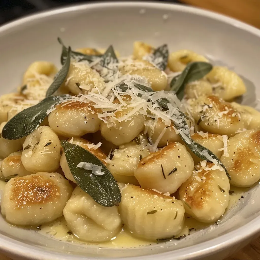 Close-up of brown butter sage gnocchi on a plate, showcasing crispy edges and herbs.