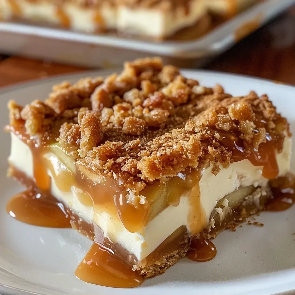 Close-up view of layered Caramel Apple Cheesecake Bars with caramel drizzle.