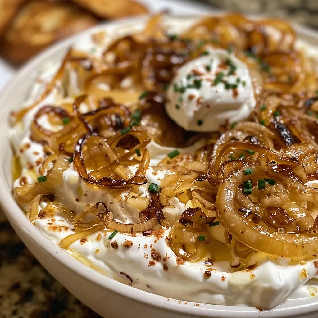 Close-up view of creamy caramelized onion dip in a bowl, garnished with chives.