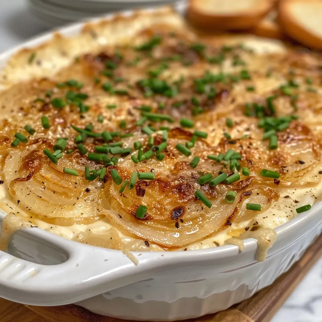 Close-up of a creamy caramelized onion dip in a rustic bowl, garnished with chives.