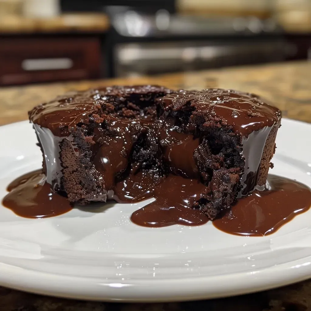 Close-up view of a rich chocolate lava cake, revealing a molten center.