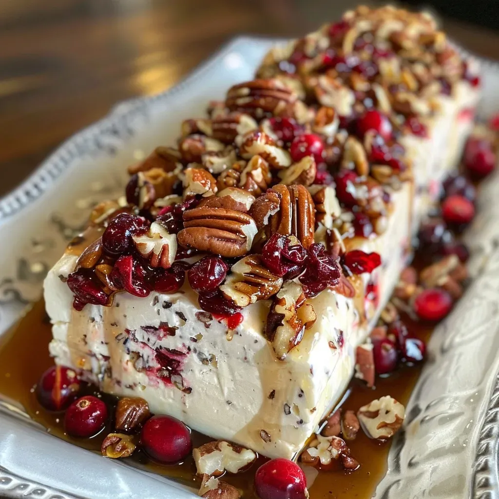 Close-up view of a Cranberry Pecan Goat Cheese Log with a smooth texture.