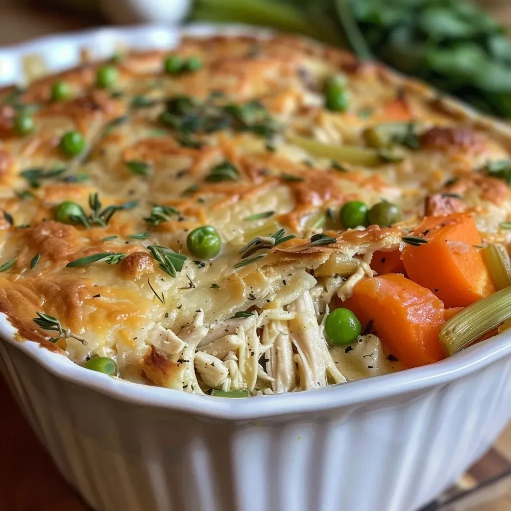 Close-up view of a crustless chicken pot pie, showcasing the colorful vegetables and shredded chicken.