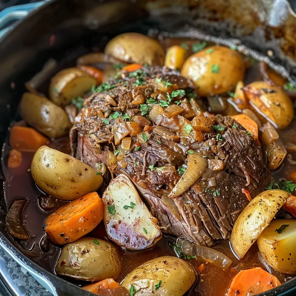 A close-up side view of a juicy Dutch Oven Pot Roast with vegetables.