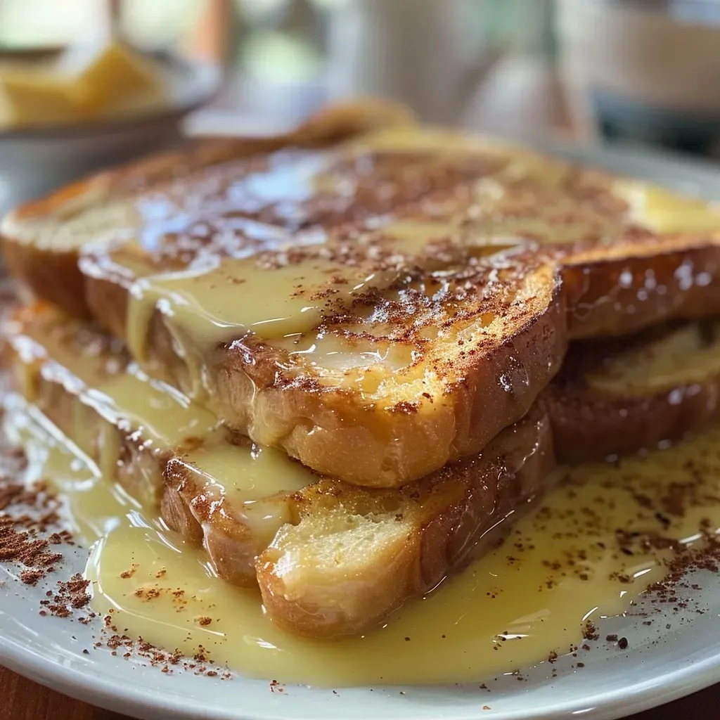 Close-up side view of golden-brown Eggnog French Toast topped with powdered sugar.