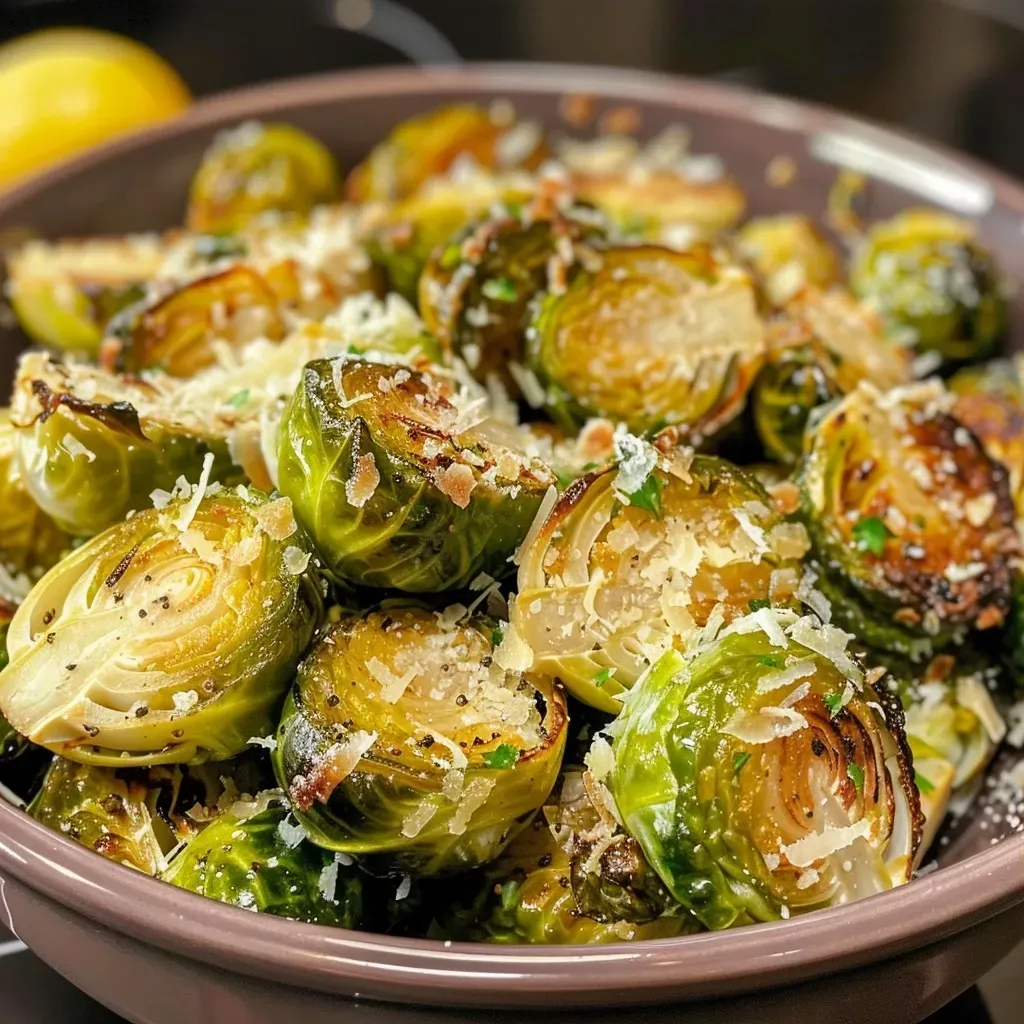 Close-up view of roasted Brussels sprouts topped with garlic and Parmesan cheese.