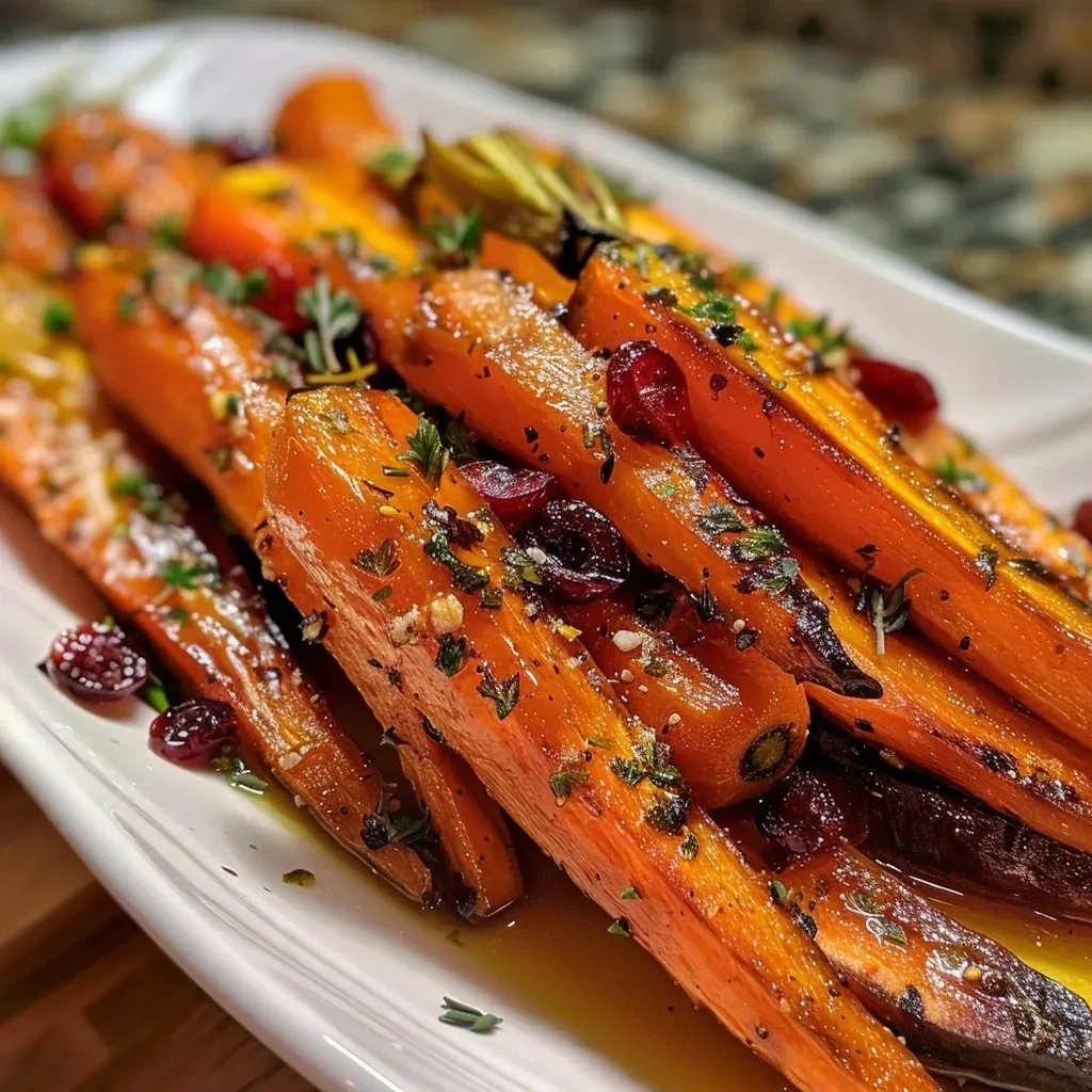 Close-up of roasted carrots garnished with cranberry butter.