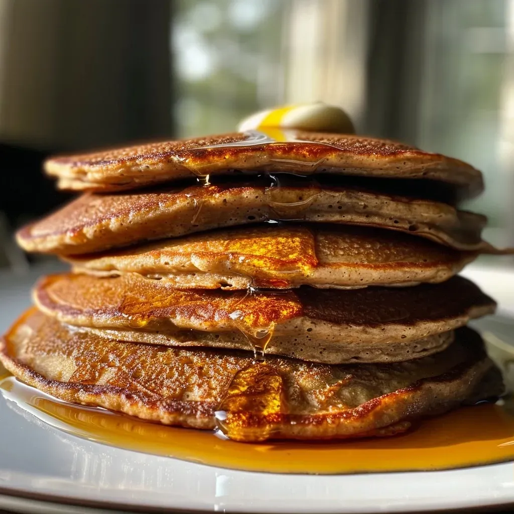 A close-up view of fluffy gingerbread pancakes stacked on a plate, with syrup dripping down the sides.