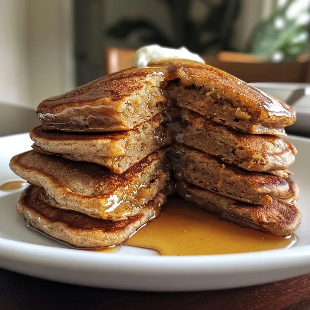 Close-up view of golden-brown gingerbread pancakes stacked on a plate.