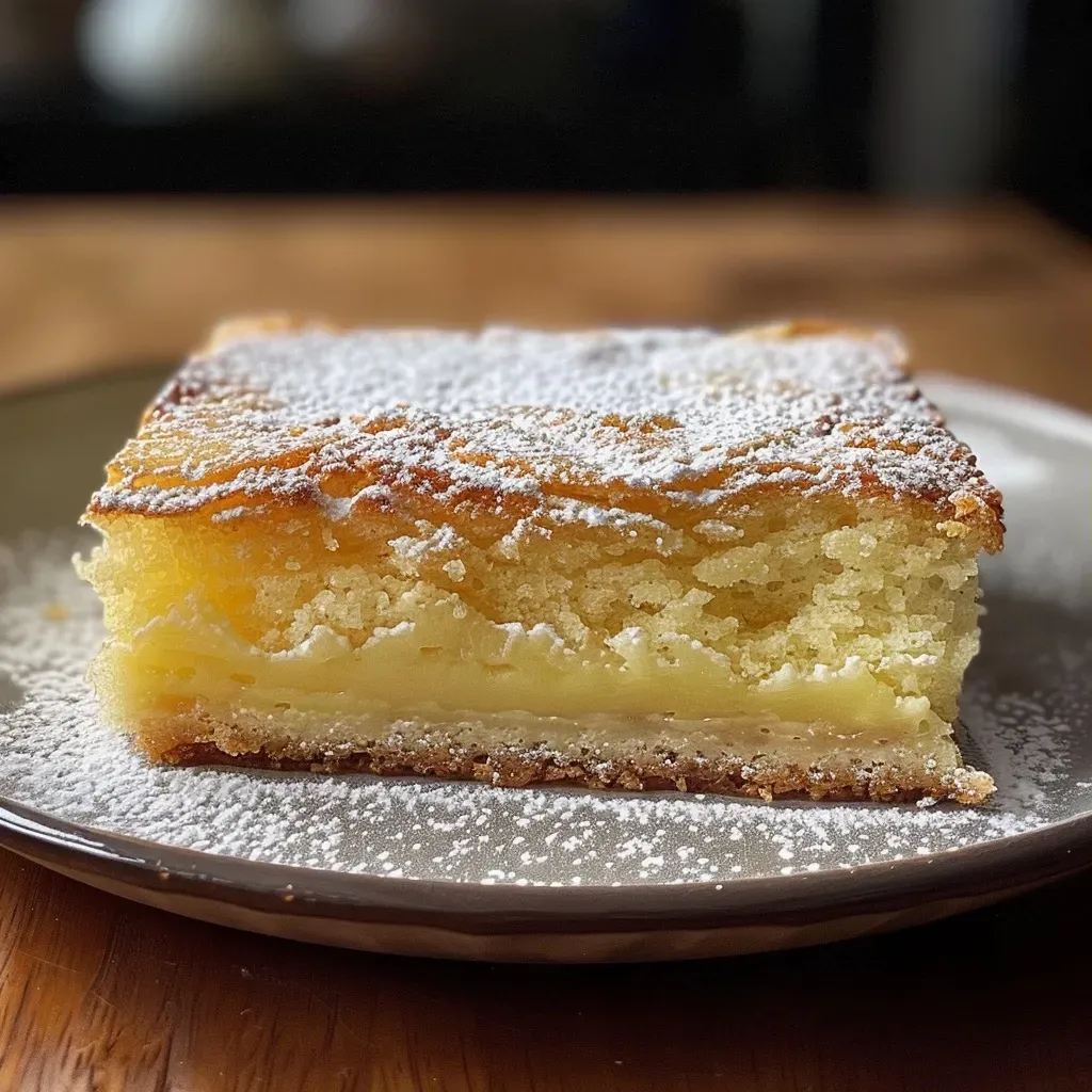 Close-up side view of a gooey butter cake with a golden-brown top and a moist interior.