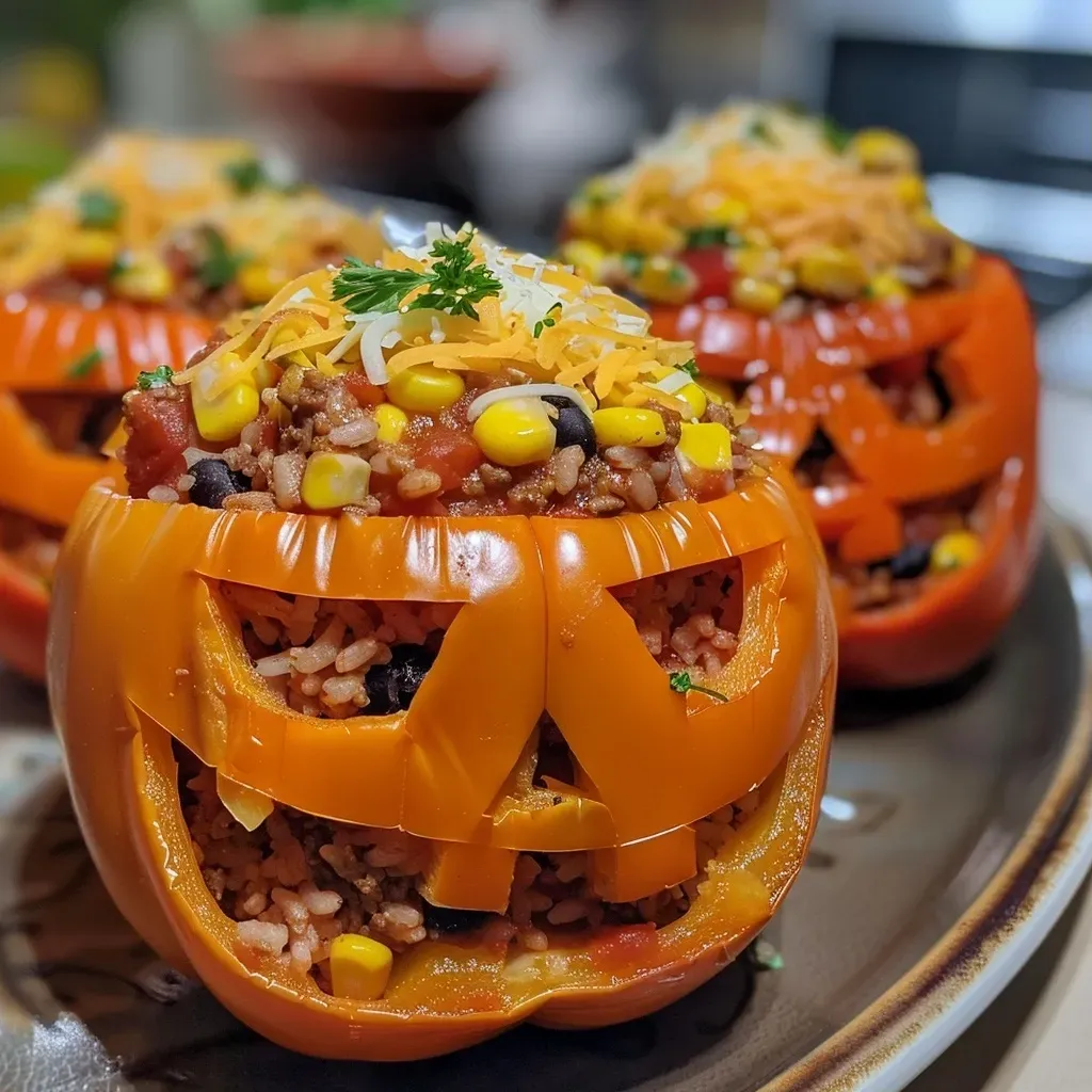 Close-up view of Halloween-themed stuffed peppers carved like Jack-O'-Lanterns.
