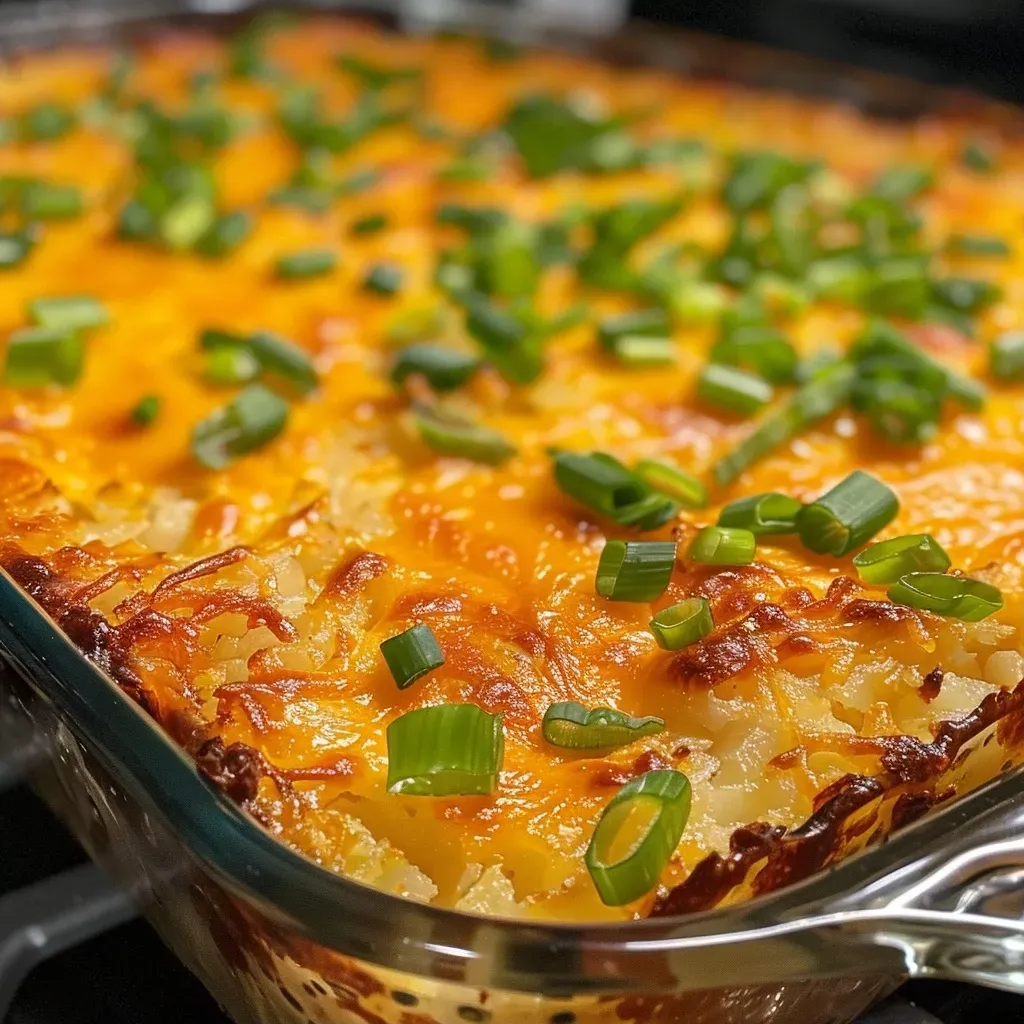 Close-up view of a golden-brown hash brown casserole topped with green onions and melted cheese.