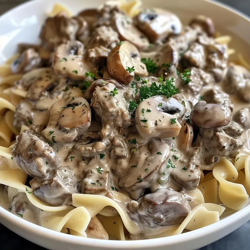 Close-up view of a creamy beef stroganoff served in a bowl, showcasing tender beef and mushrooms.
