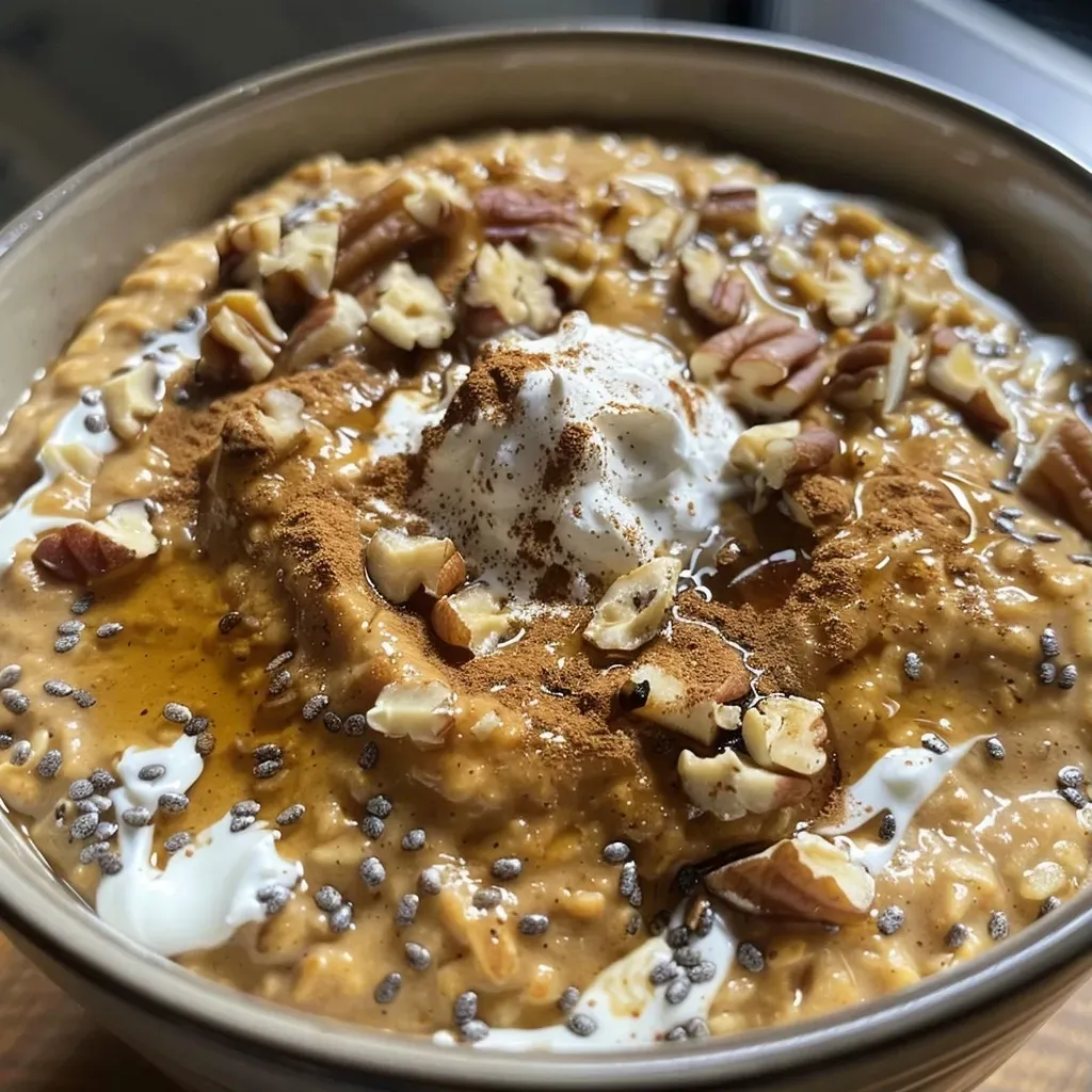 Close-up view of a bowl of high protein pumpkin overnight oats with chopped pecans.