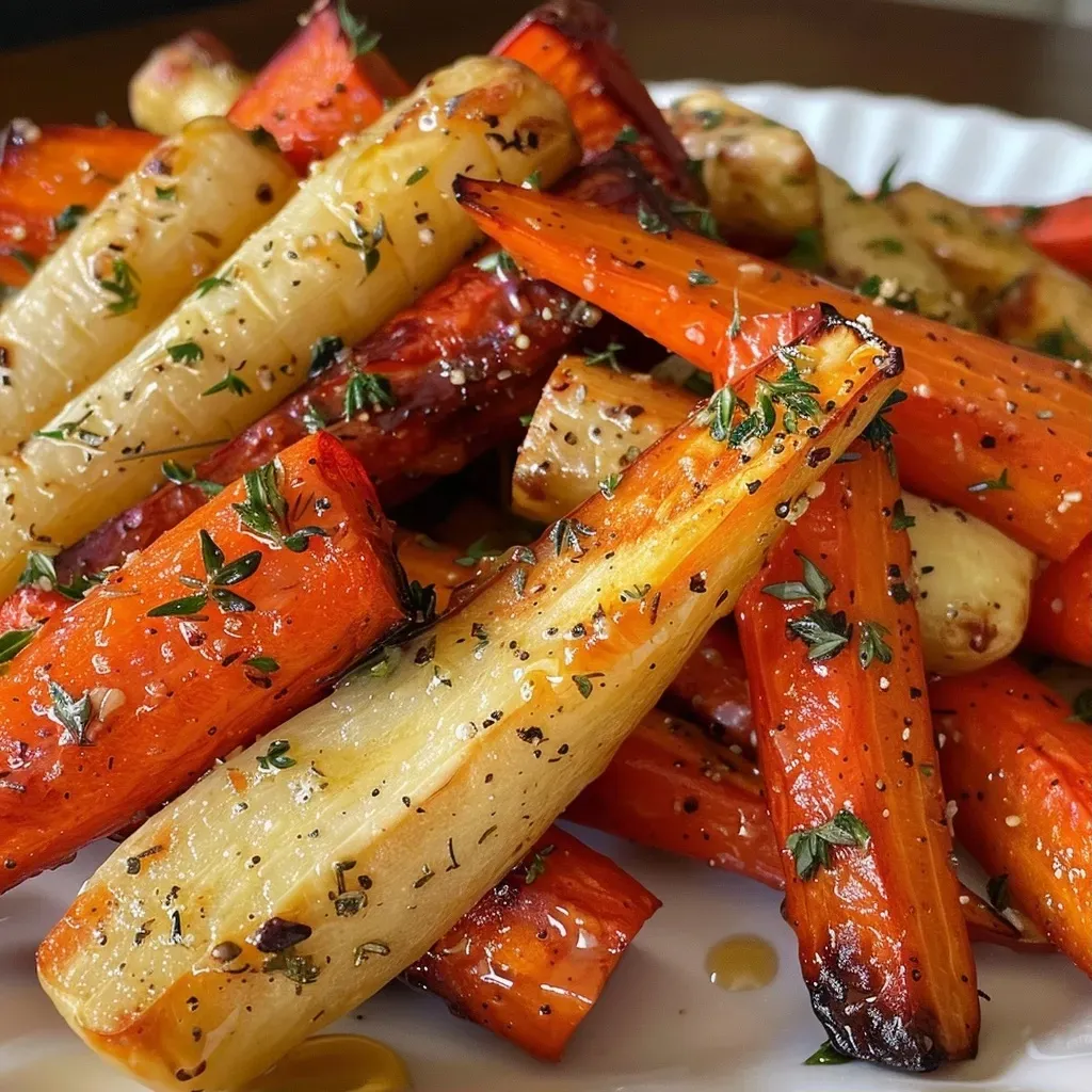 A close-up view of honey roasted carrots and parsnips, glistening with honey glaze.