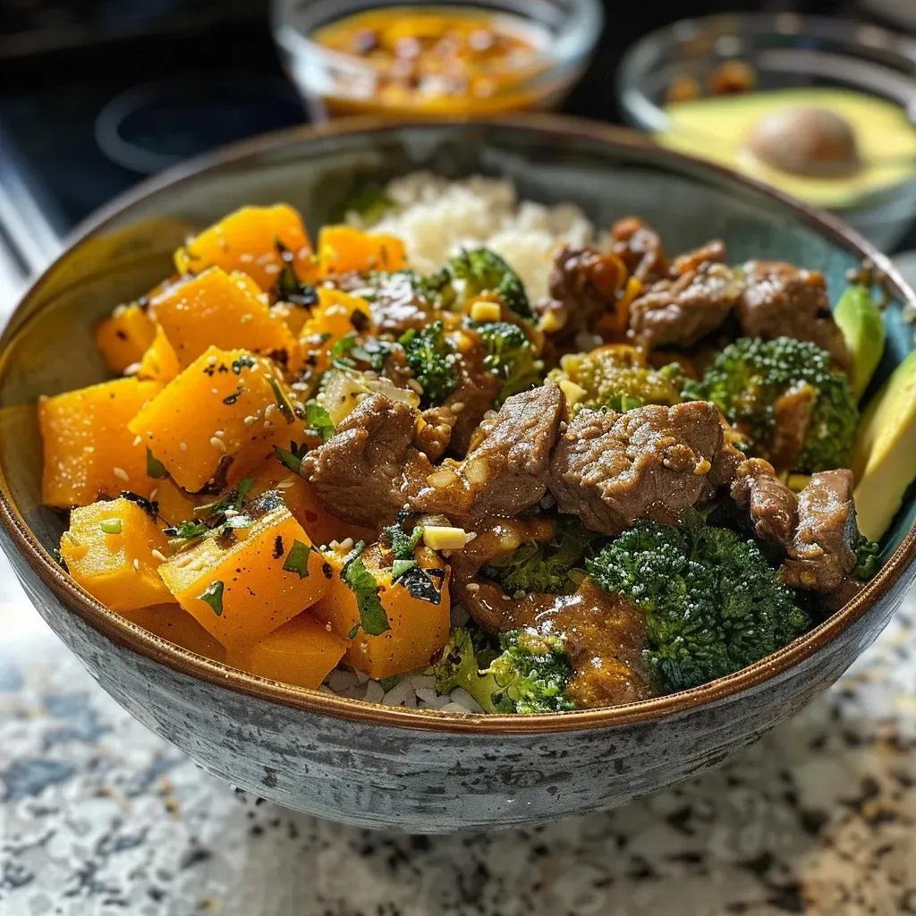 A close-up view of a bowl filled with Hot Honey Beef and diced butternut squash.