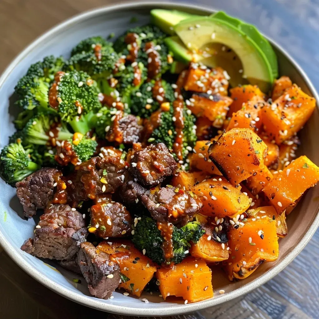 Juicy ground beef with roasted butternut squash and broccoli in an appetizing bowl.