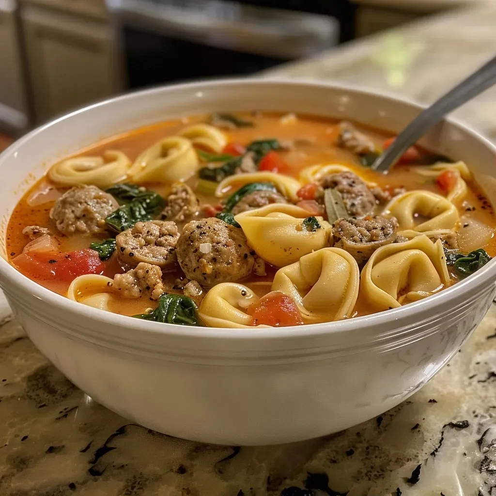 Close-up of a steaming bowl of Italian Sausage Tortellini Soup with visible tortellini and fresh spinach.