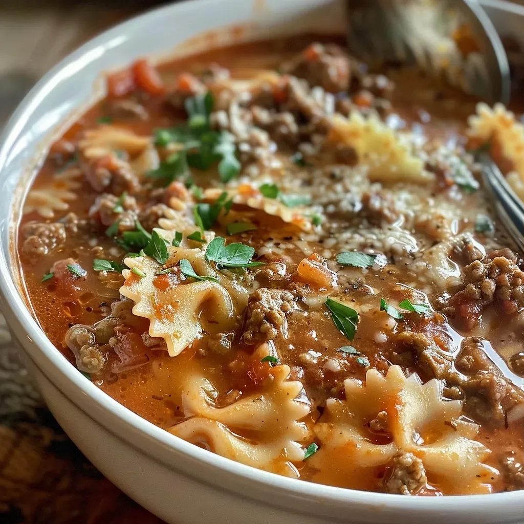 Close-up view of a hearty lasagna soup in a bowl, showcasing melted cheese and pasta.