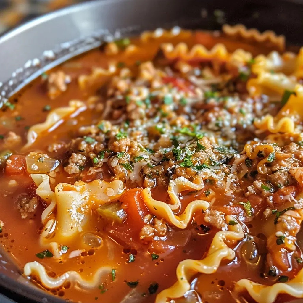 Close-up view of a bowl of lasagna soup topped with melted cheese and herbs.