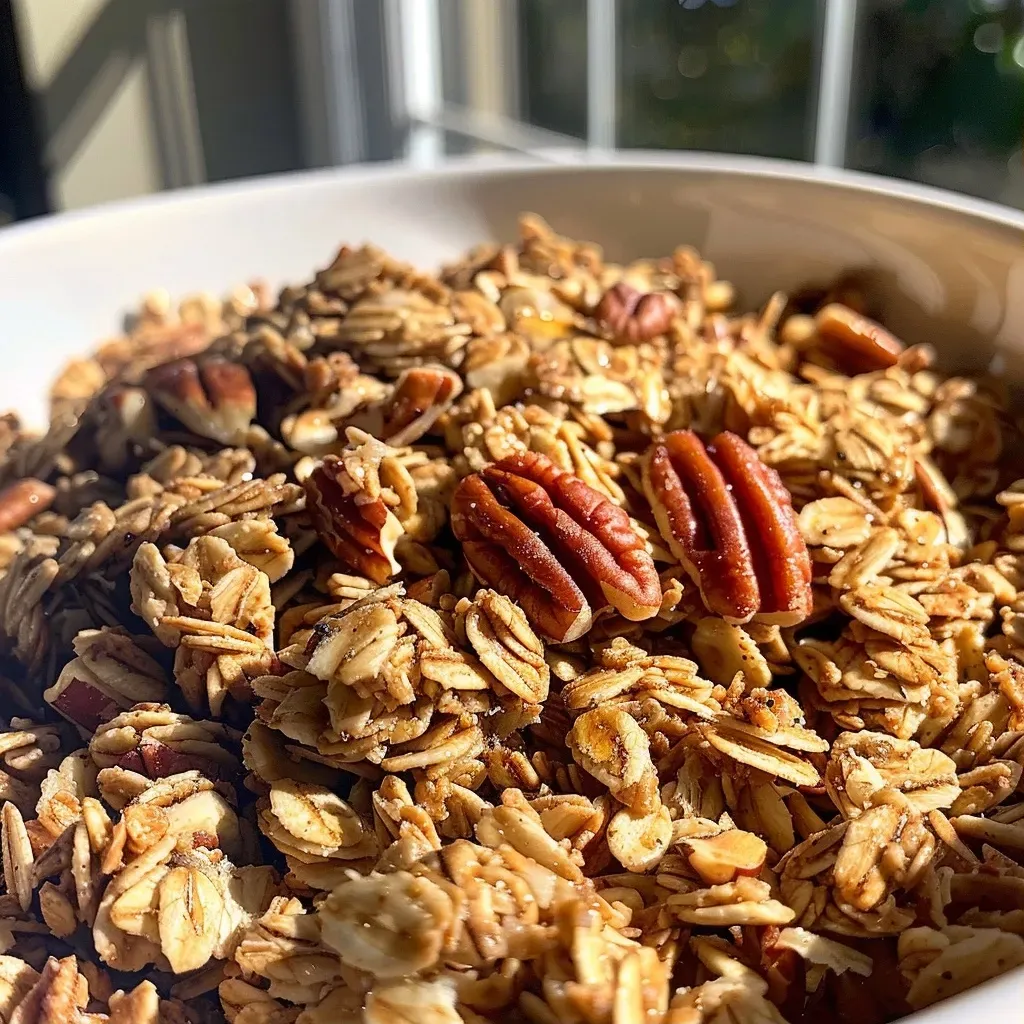 Close-up of crunchy Maple Pecan Granola with visible pecan pieces and oats.