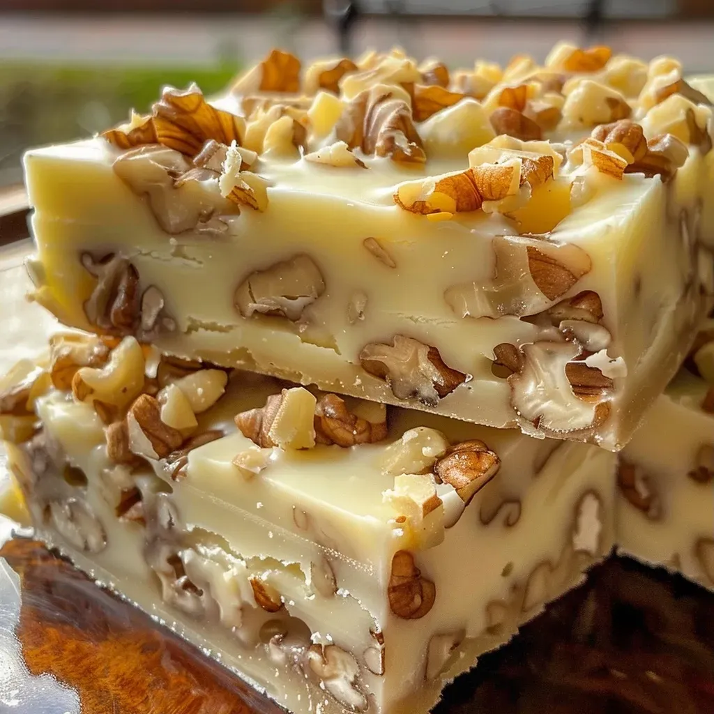 Close-up view of Maple Walnut Fudge with visible walnut pieces and a glossy surface.