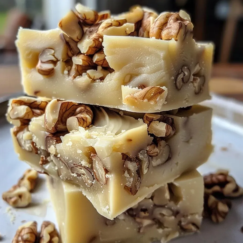 Close-up of creamy Maple Walnut Fudge with chopped walnuts on top.