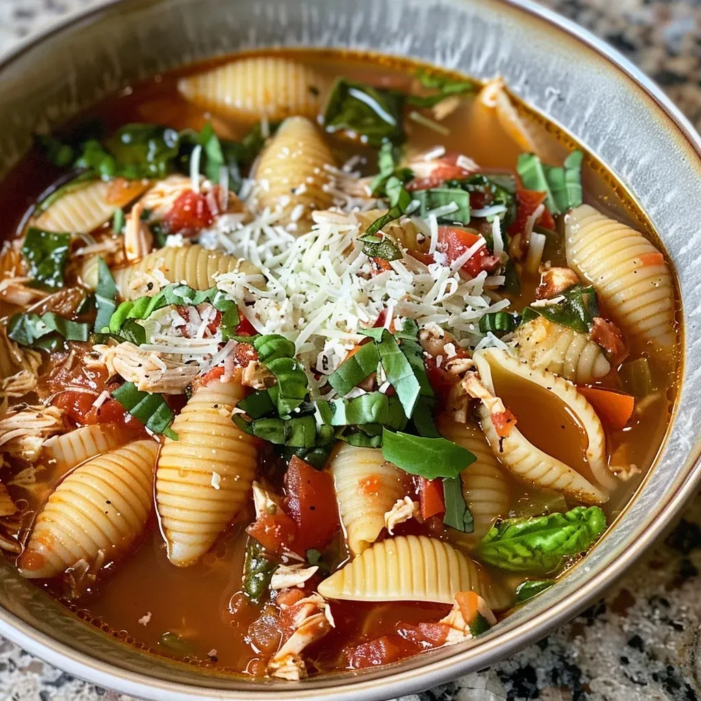 Close-up view of a bowl of Marry Me Chicken Soup with colorful ingredients.