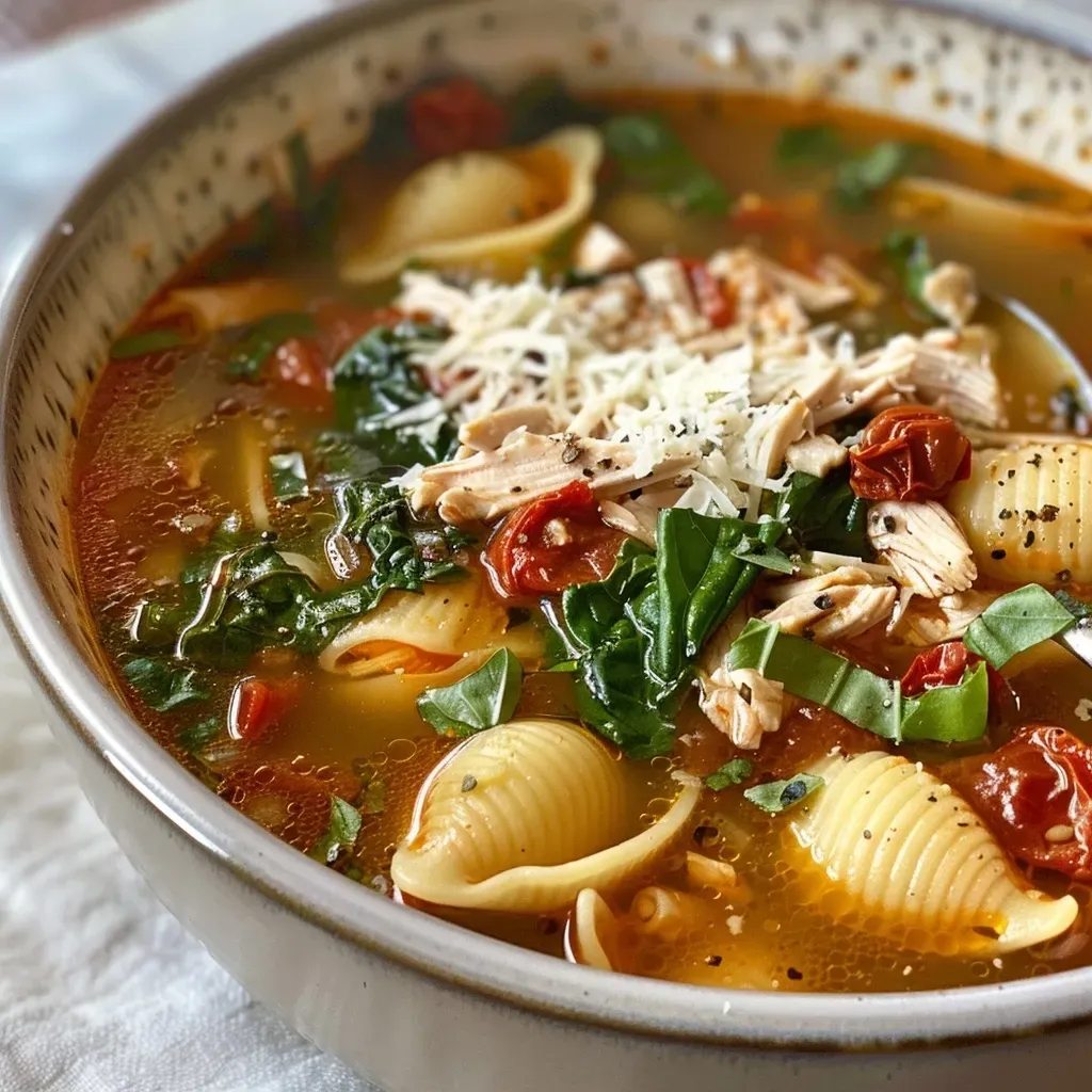 Side angle of a steaming bowl of Marry Me Chicken Soup, showcasing pasta and spinach.