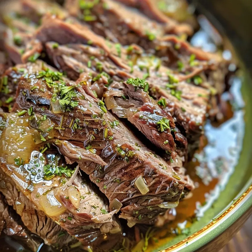 Close-up of a juicy Mississippi Pot Roast with herbs and pepperoncini.