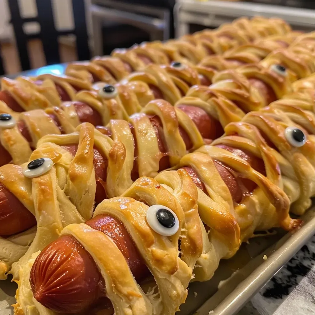 Close-up of Mummy Dogs made with hot dogs wrapped in crescent roll dough, decorated with candy eyes.