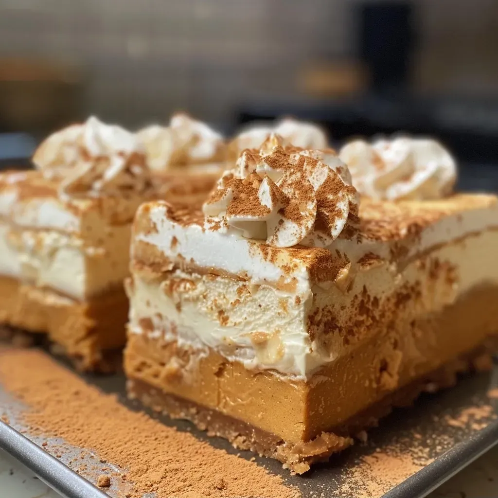 Close-up of No-Bake Pumpkin Cheesecake Bars with a creamy filling and crumbly crust.