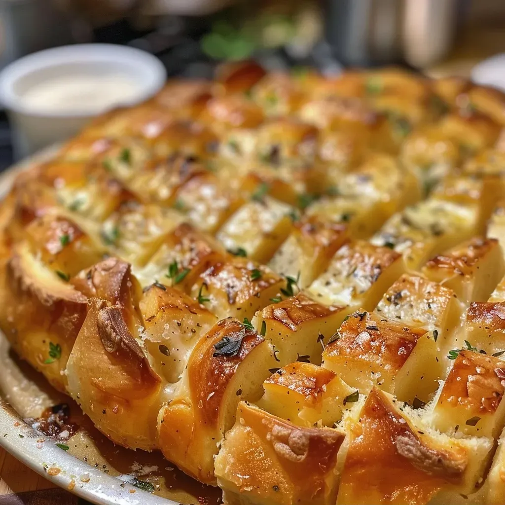 Close-up view of golden-brown pull apart garlic bread with buttery garlic cloves.