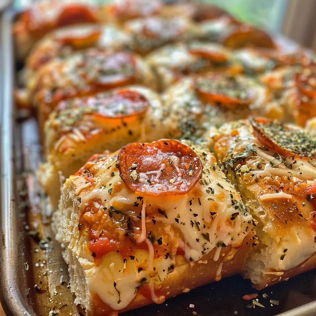 Close-up view of freshly baked Pull Apart Pizza Bread with gooey cheese and pepperoni.