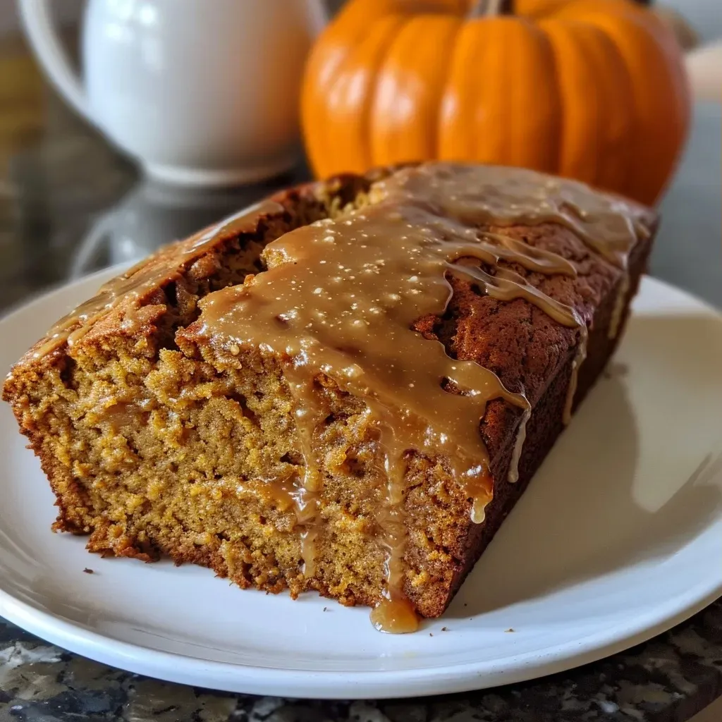 Close-up view of moist pumpkin bread topped with a shiny maple glaze, showcasing its rich texture.