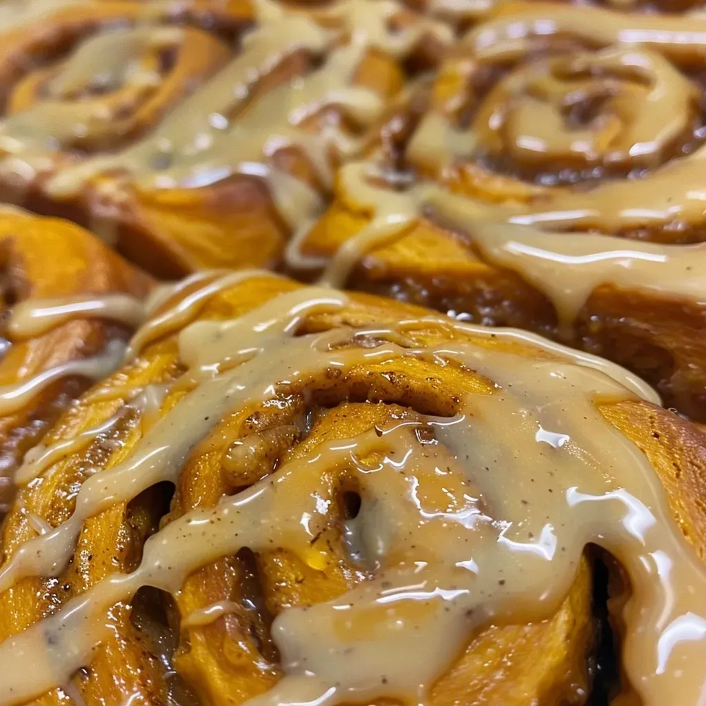 Side view of a stack of freshly baked pumpkin cinnamon rolls, glazed with cream cheese frosting.