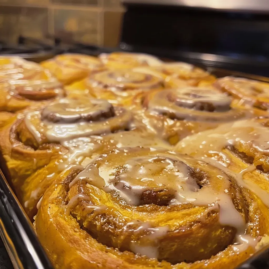Close-up view of a gooey pumpkin cinnamon roll drizzled with cream cheese frosting.