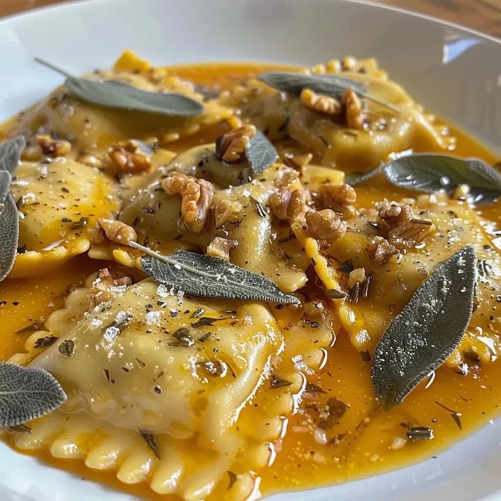 A close-up view of pumpkin ravioli topped with fresh sage and toasted walnuts.