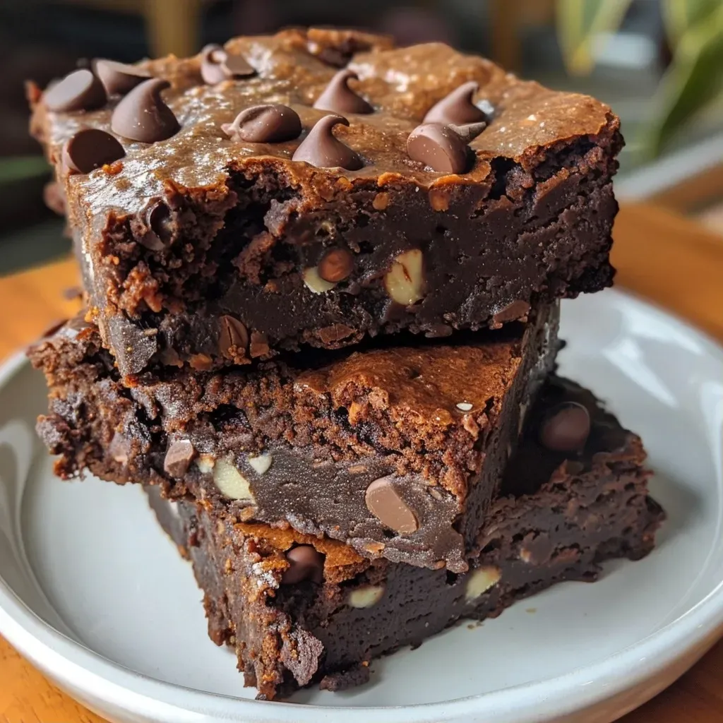 Close-up view of moist, chocolatey Pumpkin Workout Brownies on a wooden plate.