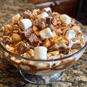 Close-up view of Snickers Caramel Apple Salad with visible apple pieces and caramel drizzle.