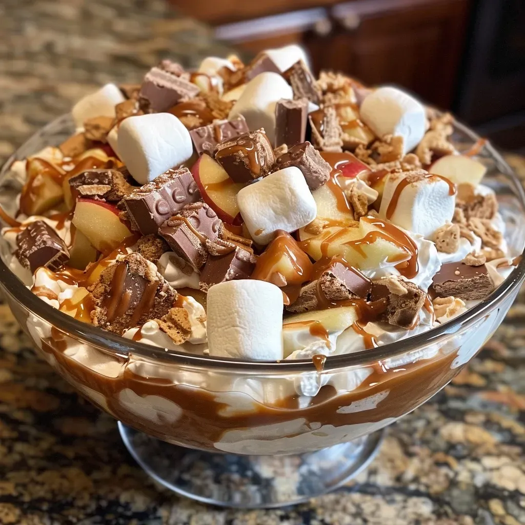 Close-up view of Snickers Caramel Apple Salad with visible apple pieces and caramel drizzle.