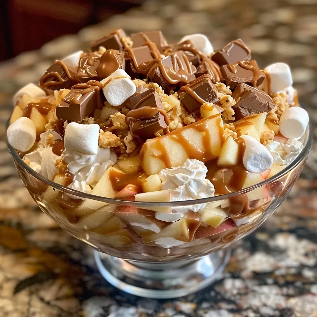 A side view of a bowl filled with Snickers Caramel Apple Salad showcasing its layered ingredients.