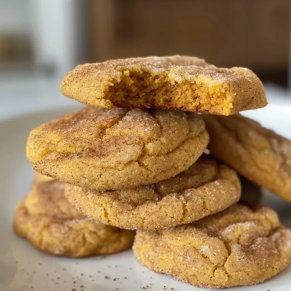Close-up of a stack of soft pumpkin snickerdoodles with a golden-brown exterior.