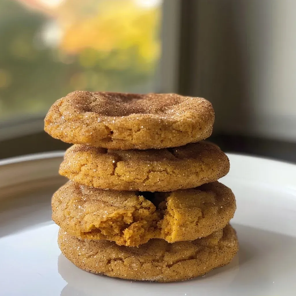 Close-up view of soft pumpkin snickerdoodles on a plate.